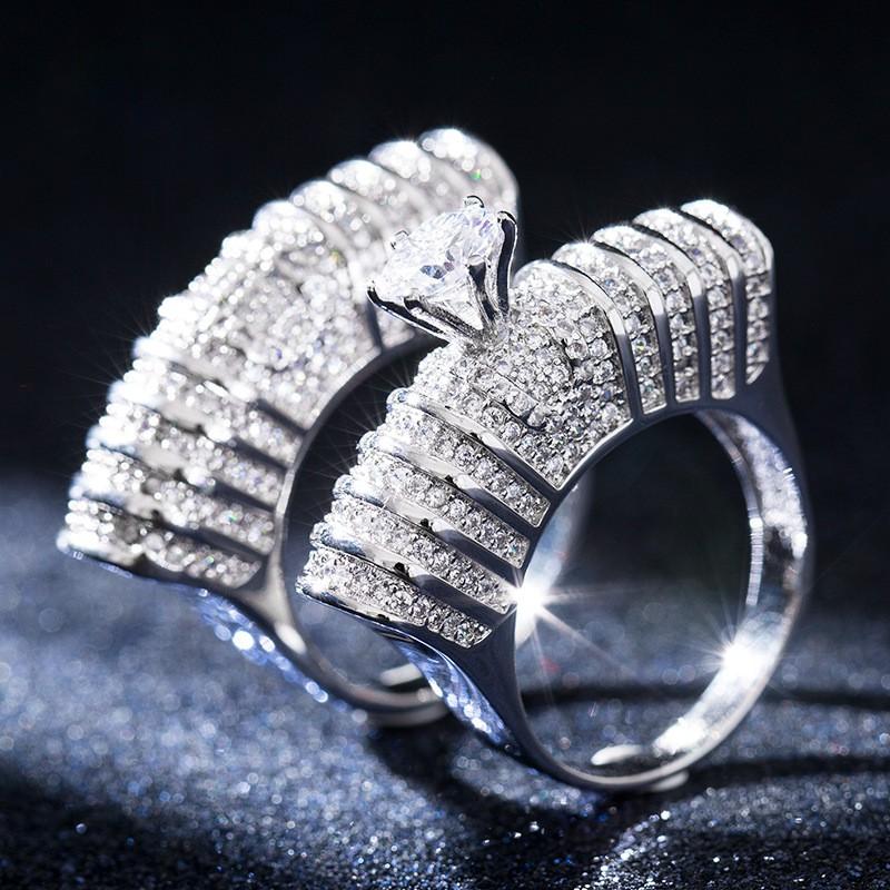 Elegant Double-Layer Hollow Out Zircon Ring Women Copper Geometric Fashion Jewelry Size 6-10