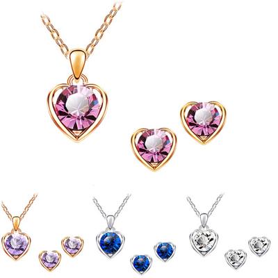 Women Rhinestone Heart Pendant Necklace Chain Stud Earrings Party Jewelry Set