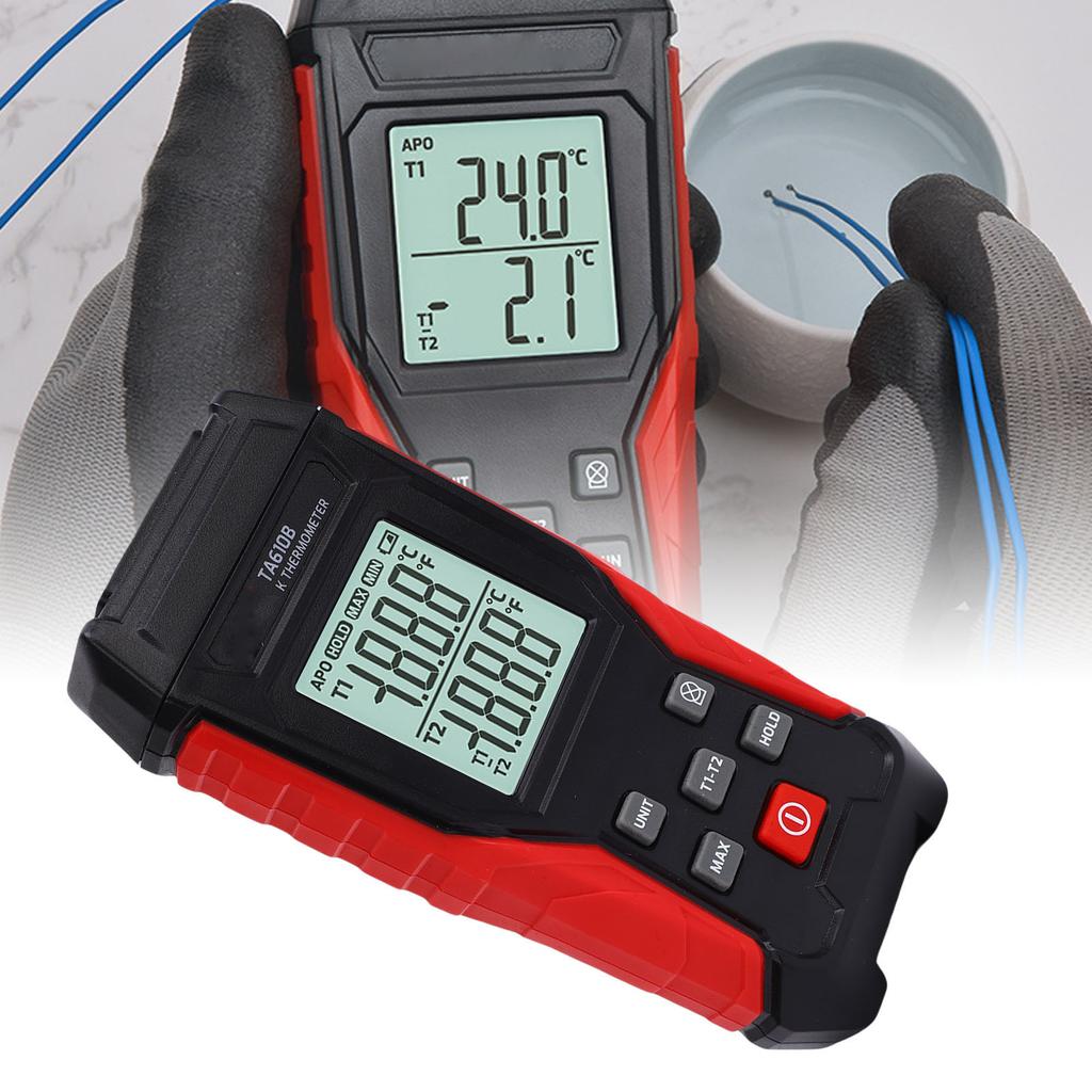 Digital Thermometer TA610 Dual Channel Thermocouple Temperature Meter Display Backlit LCD Accurate Electronic for Industrial Use