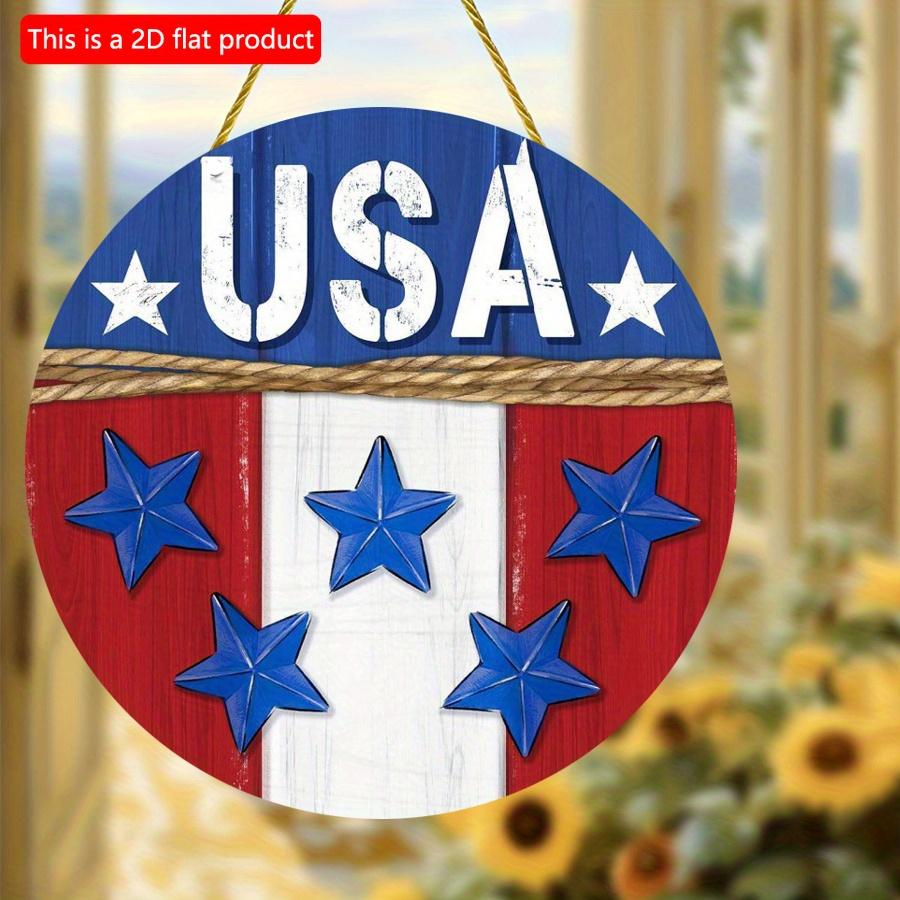 2D flat 20*20cm1pc USA Flag Theme Red&White&Blue stripes Star elements Round ornament, Patriotic Independence Day Welcome Sign For Wall, Simple