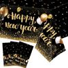 3Pcs Happy New Year Tablecloths Black and Gold Table Covers Decorations, Disposable Rectangle Plastic Tablecloth for 2026 New Year Party Theme