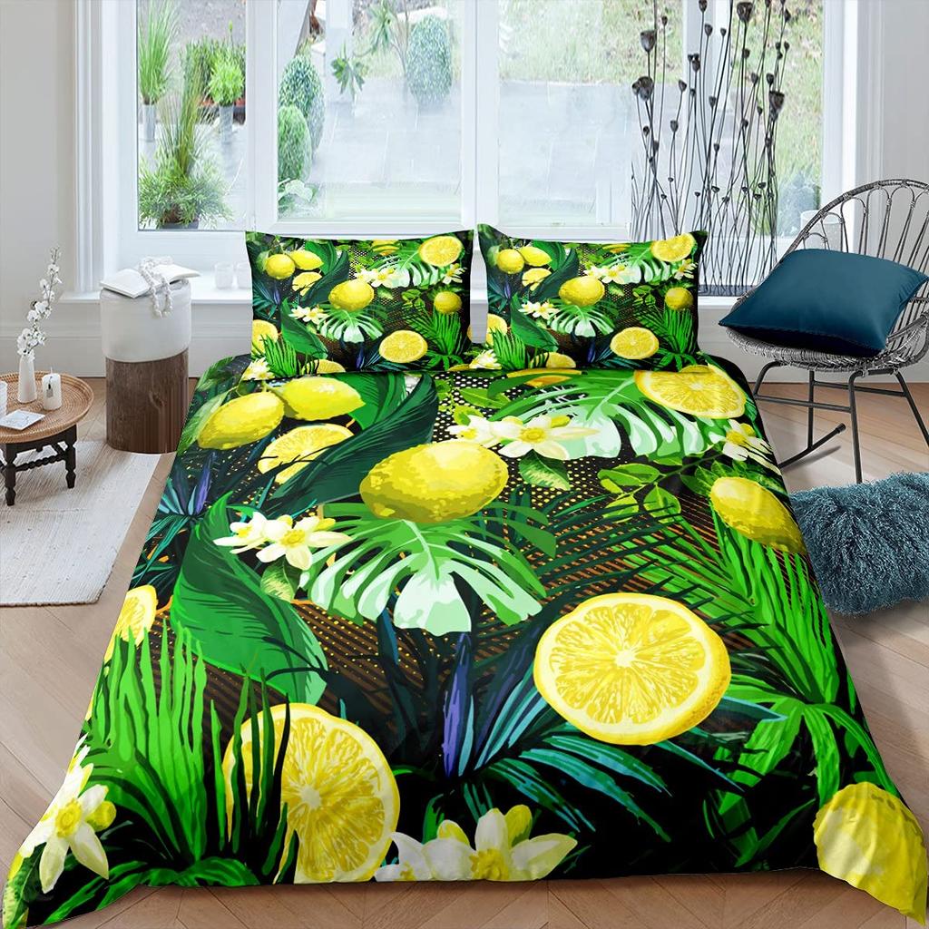Nature Bedspread, Lemon Tre Branches Gardening Design, Decorative Quilted 3 Piece Coverlet Set featuring 2 Pilow Shams, Ful Sized Dimensions