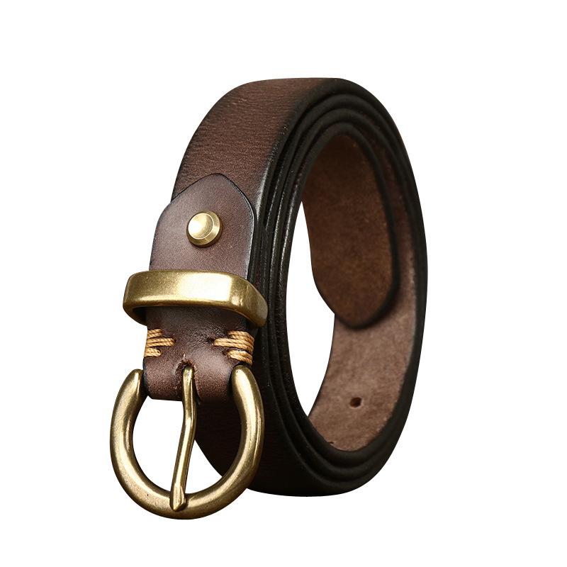 New Retro Pleated Korean Version Fashionable Versatile Women'S Belt Women'S Copper Buckle Genuine Leather Cowhide Jeans Belt Women'S