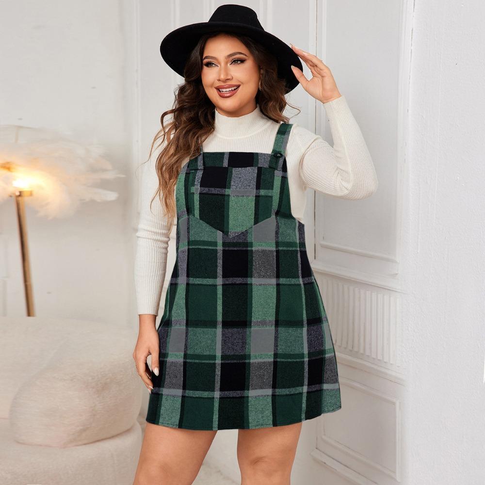 Women's Spring, Autumn and Winter Skirt Coat Inside the Skirt New Plaid Strappy Dress Plus Size XL-6XL Loose Strappy Dresses