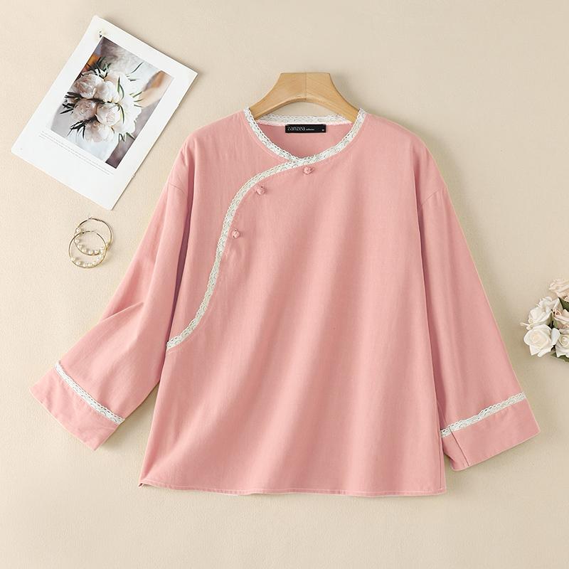 ZANZEA Women Lace Splice Round Neck Casual 3/4 Sleeve Cotton Blouse