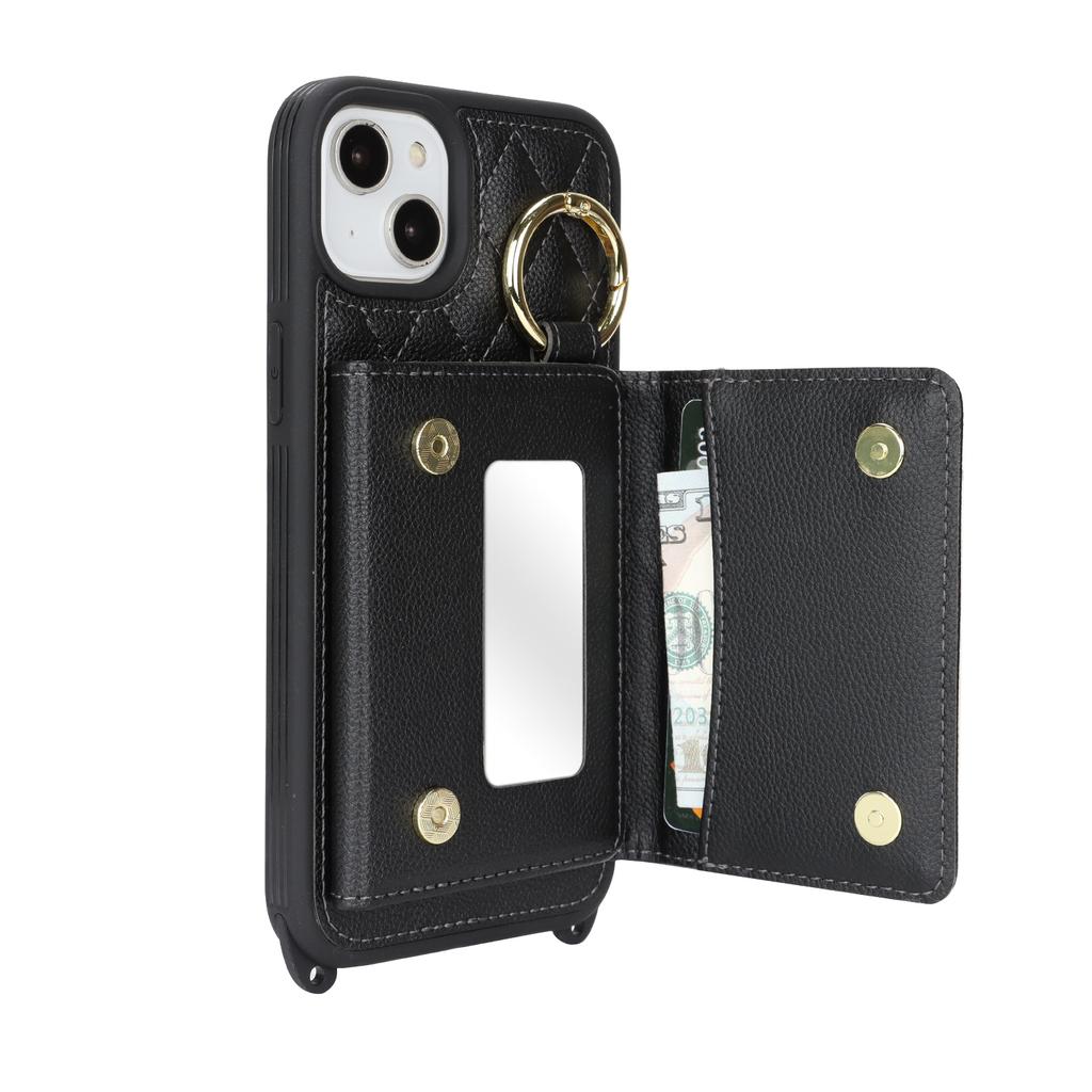 For iPhone 14/13 Case with Lanyard/Mirror/Card Holder Grids Pattern RFID Blocking Phone Cover