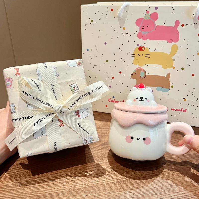 Gift Super Cute Pudding Mug Household Ceramic Water Cup with Lid Spoon Coffee Cup Souvenir