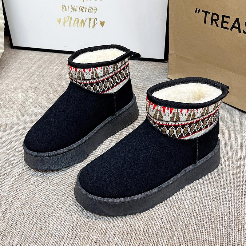 2024 autumn and winter new thick soled ethnic snow boots for women, round toe and thick cotton shoes with added fleece