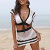 2Pcs/Set Women Swimsuit Set V-neck Hollow Crochet Front Tie Tops High Waist Cover Up Skirt Set Patchwork Color Swimwear