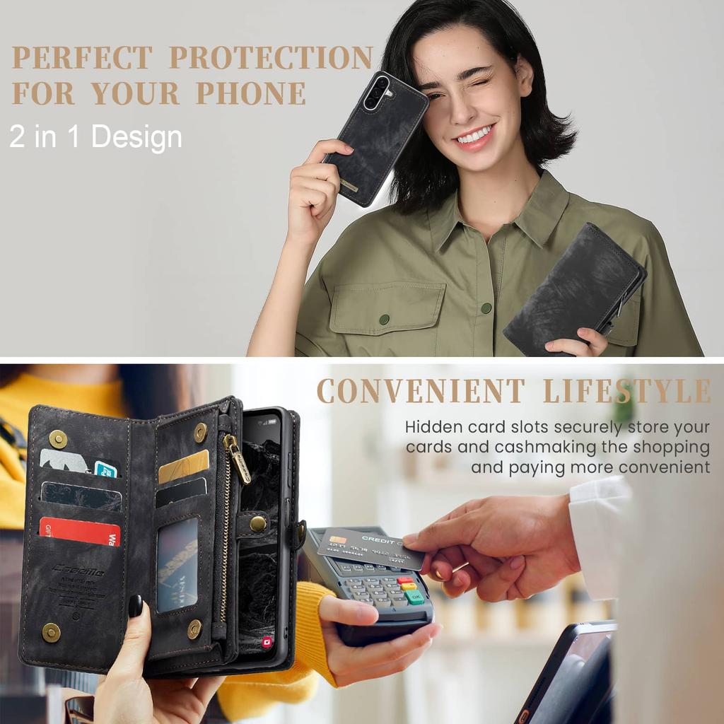 For Samsung Galaxy A17 Magnetic Wallet Case Compatible with Magnetic with RFID Blocking Zipper & Card Holder Strap Detachable