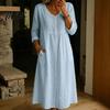 Polyester Summer Dress Midi for Women, Button Down Long Sleeve Mid-length Loose A-line Dress, Casual V Neck Flowy Vacation Outfits Women