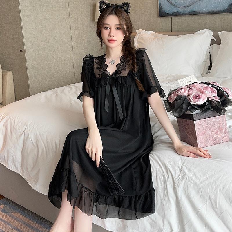 Summer Style Solid Color Lace Bow Mesh Court Princess Style Medium Long Nightdress Pajamas Loungewear