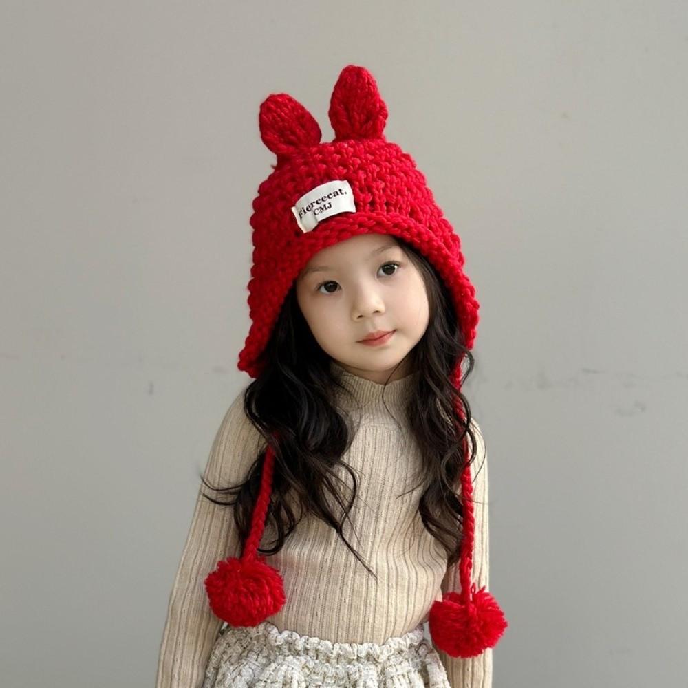 Solid Color Hand Knitted Cap Rabbit Ear Ear Protection Cap Cute Baby Crochet Hat  Kids