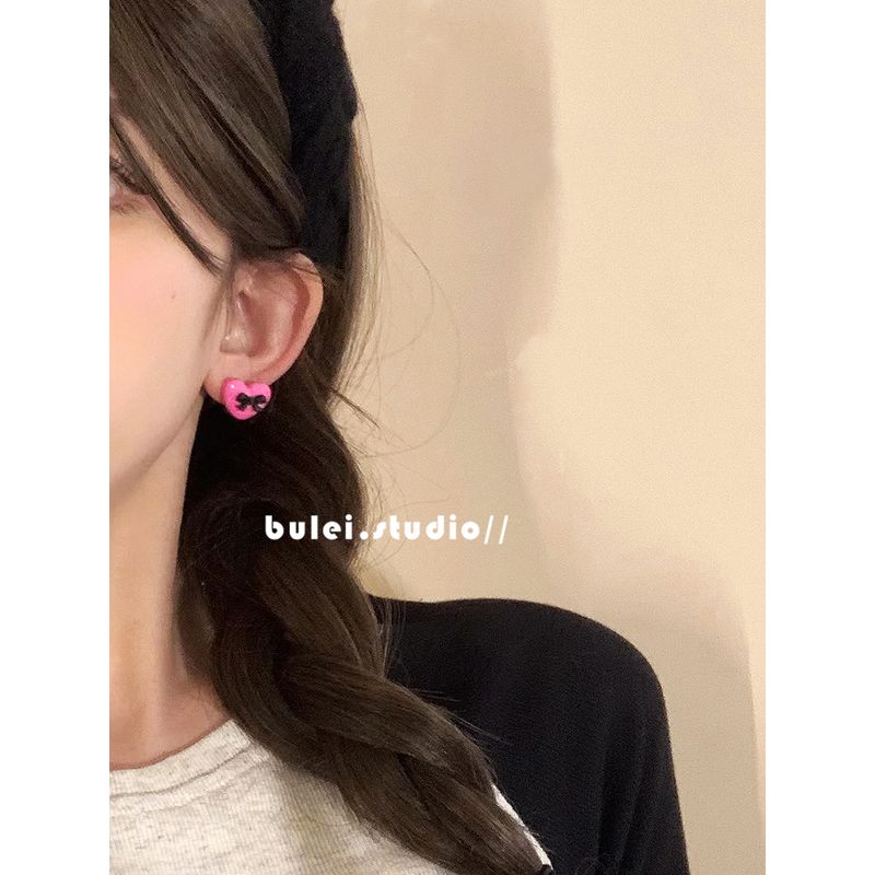 

Pink Small Heart Hip Hop No Pierced Bows Pair of Raspberry 925 Silver Needles