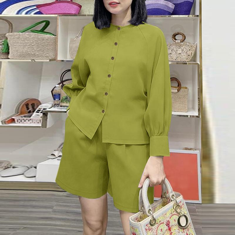 ZANZEA Women Long Sleeve Blouse and Shorts Casual Two Piece Suit Sets