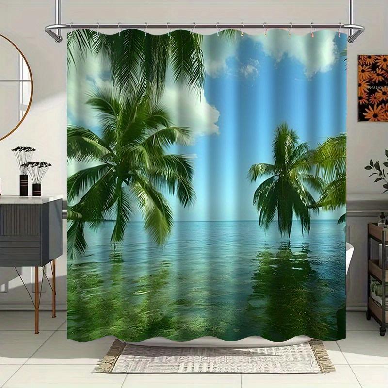 [Tropical Shower Curtain] Tropical Paradise Shower Curtain - Polyester, Machine Washable, Palm Tree And Lake Print, Ideal For Ba
