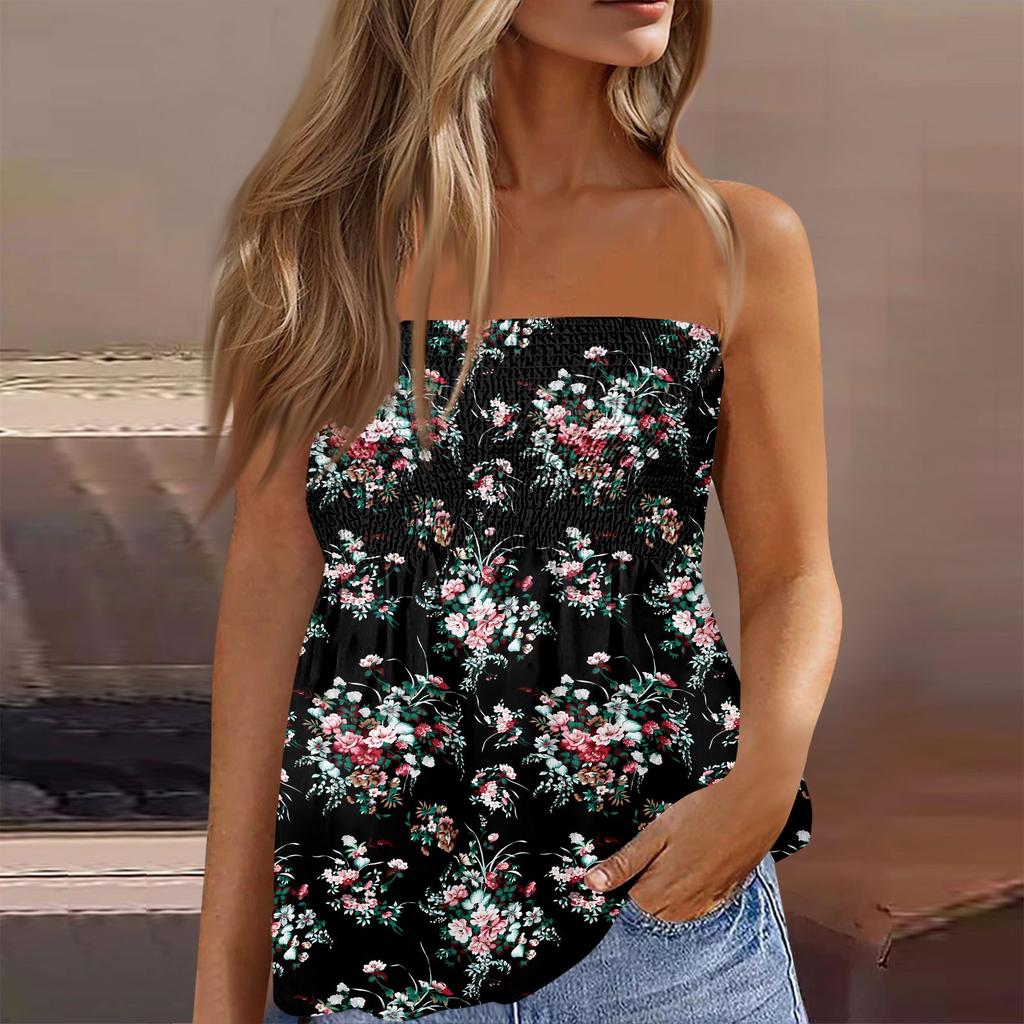 Damskie Topy Eleganckie Casualowe Bluzki Bez Rękawów Top Tube Dla Kobiet, Uroczy Seksowny T-shirt Bez Rękawów z Nadrukiem Odkrywający Ramiona