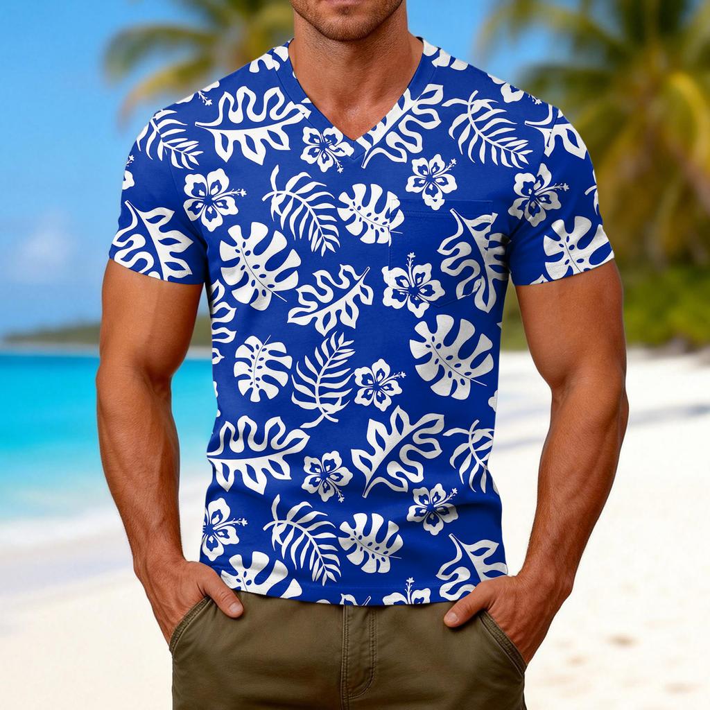 Herenmode T-shirt met V-hals en korte mouwen en print