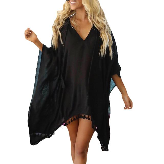 Summer Women Boho Transparent Beach Dress Bikini Cover Up Tassel Chiffon Hooded Sundress Cover-up