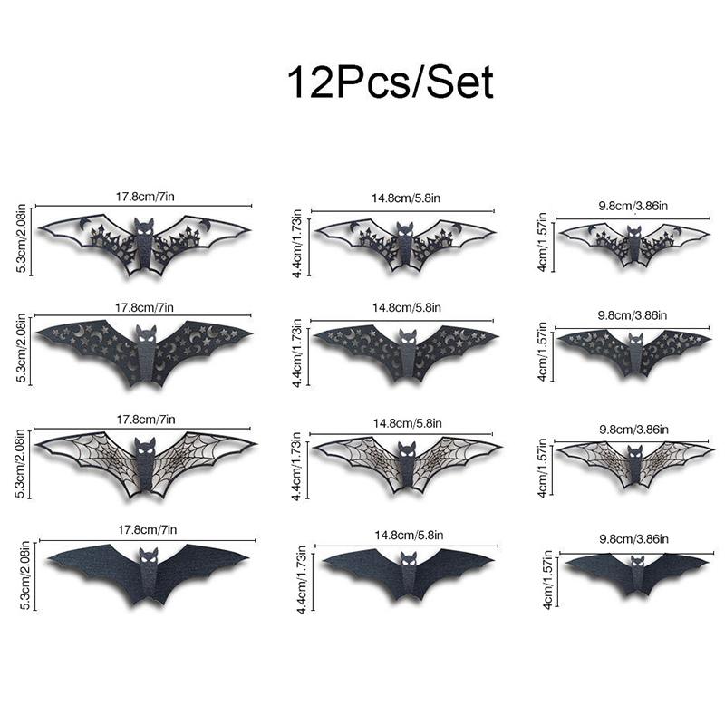 12Pcs 3D Bat Wall Stickers Various Size Black Hollow Out Bat Shaped Display Sticker Halloween Festive Atmosphere Decoration Zyf