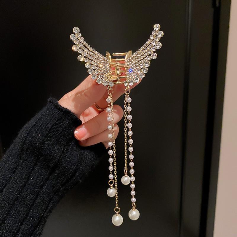 Chinese Butterfly Pearl Tassel Hair Clip with Rhinestones