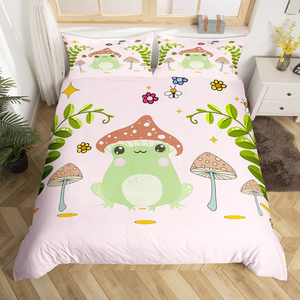 Frog Duvet Cover Set Cute Kawaii Cartoon Frog Pattern King Queen Size Polyester Comforter Cover With Pillowcase For Kids Girls