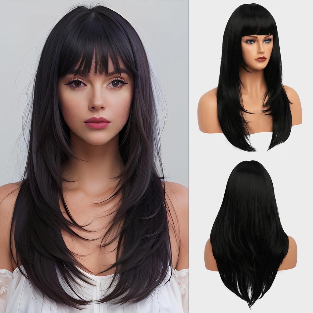European American Gold Long Hair Wig Women's Bangs Straight Layered Full Head Hairstyle Synthetic Fiber