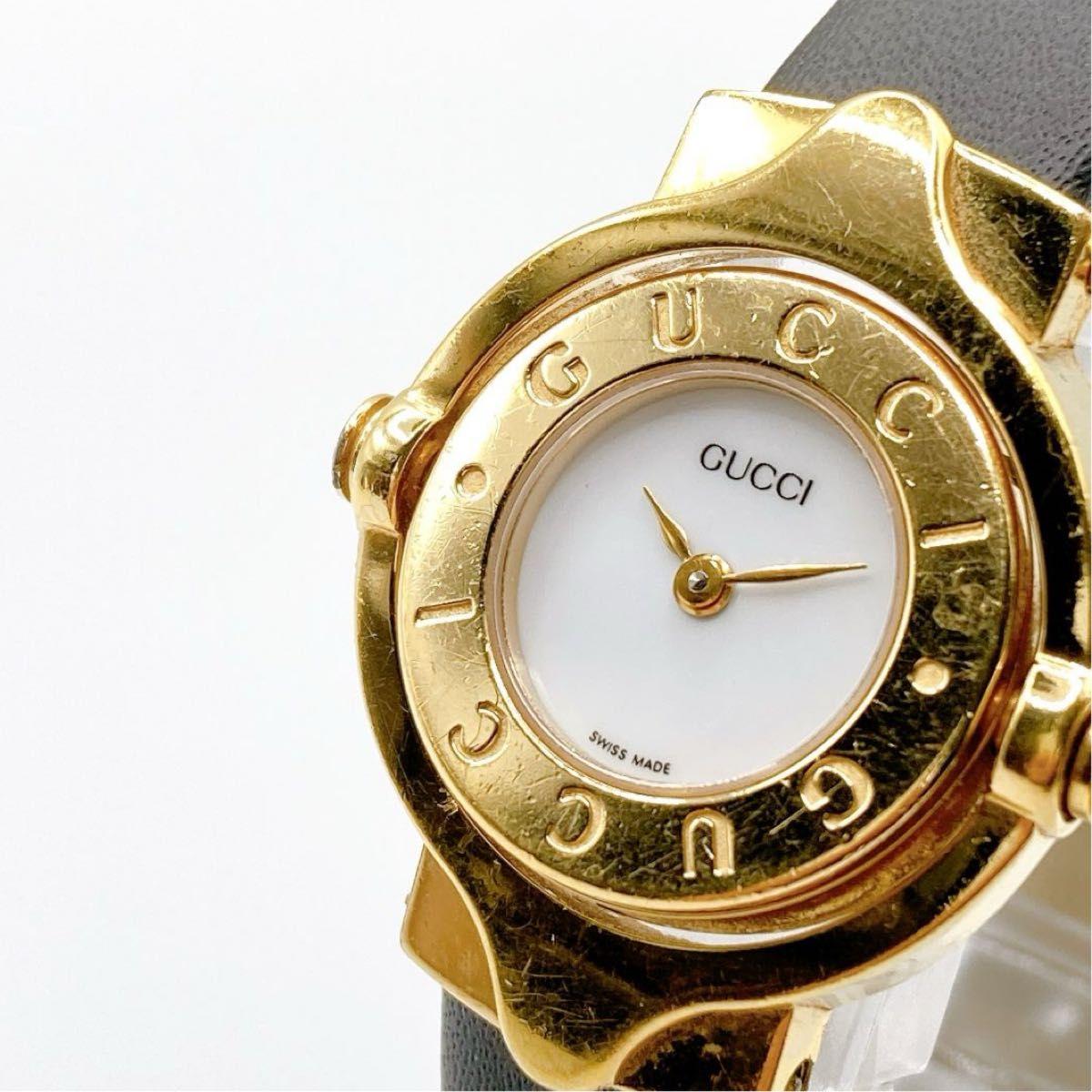 Used 306 GUCCI Gucci ladies watch turn face quartz running gold black leather