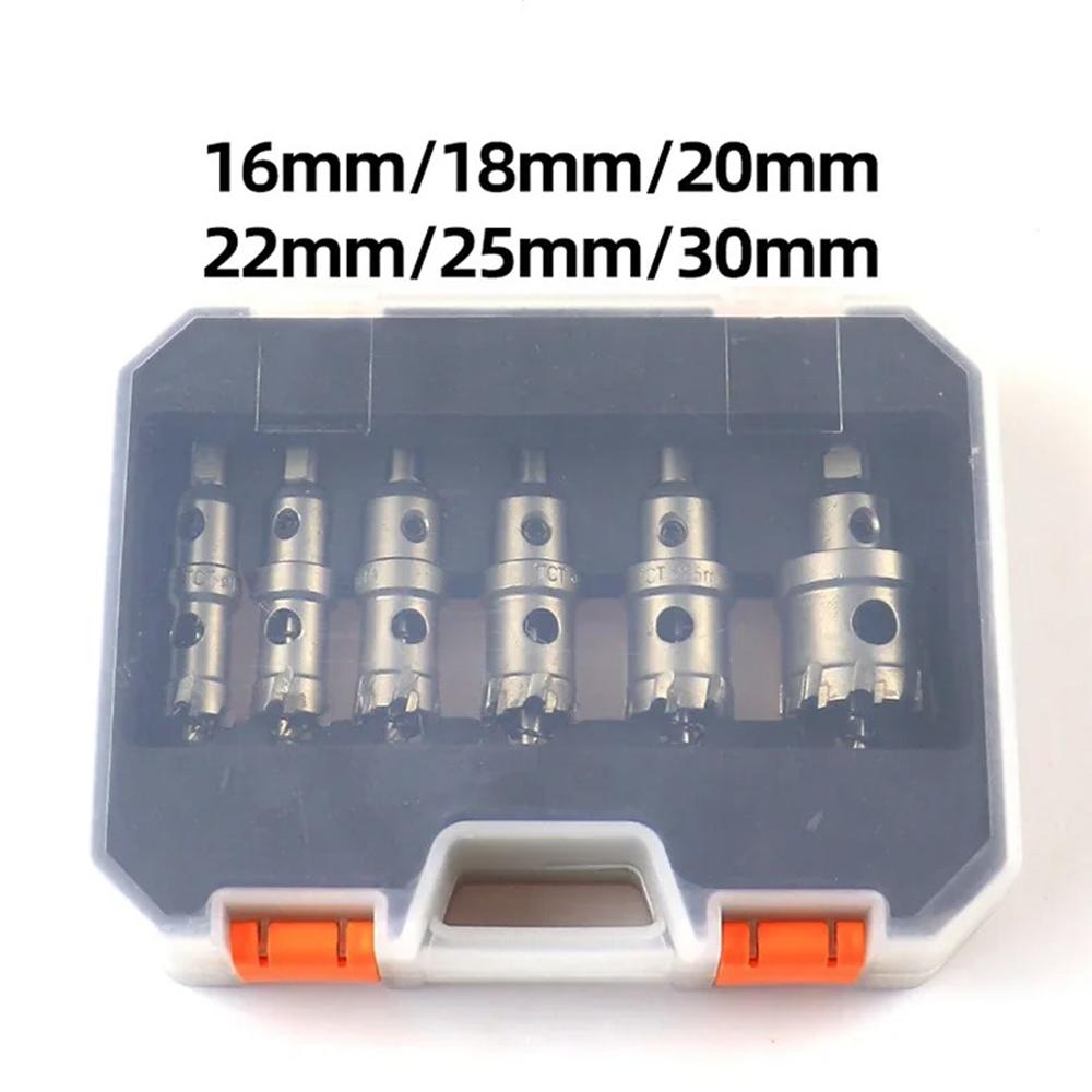 TCT Hole Saw Cutter Alloy Hole Saw Set Carbide Tip for Stainless Steel Iron Plate Metalworking 16-35mm Drilling Crown 6PCS Set