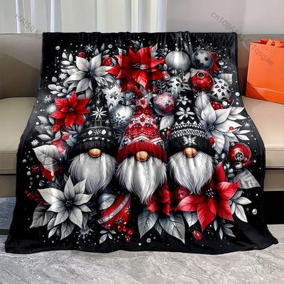 Festive Gnomes with Poinsettias Pattern Blanket Flannel Material Soft Warm for All Seasons, Home Outdoor Camping Picnics RV