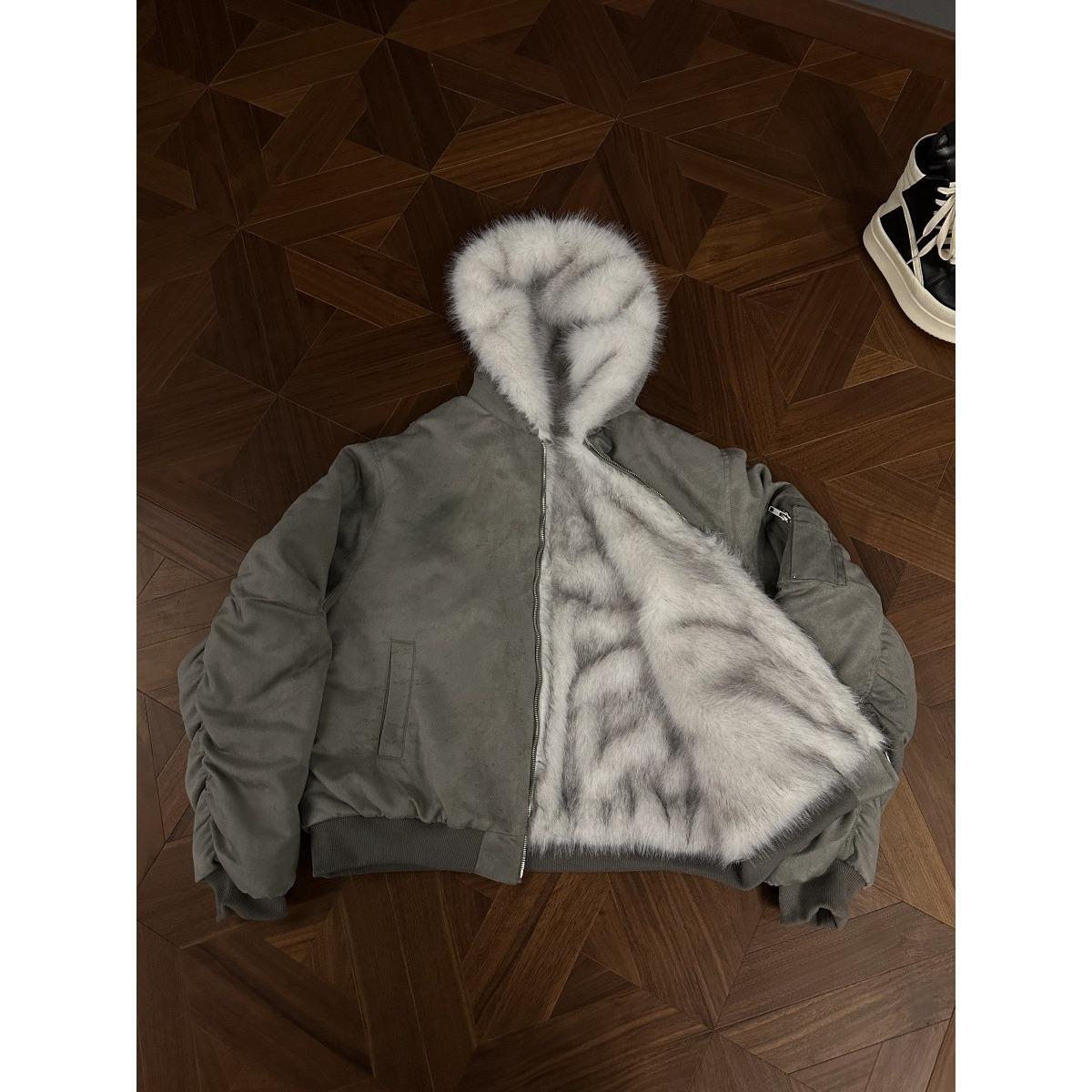 

Men s Gray American-Style Reversible Suede Bomber Jacket with Hood - Heavyweight, Winter-Ready, and Cotton-Lined XL серый