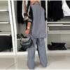 Pantaloni a righe patchwork casual da donna, a maniche lunghe, con coulisse, larghi, modello doppiopetto, 2024, autunno, da ufficio, da donna