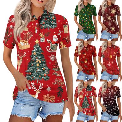Women's Fashion Casual Lapel Short Sleeve Christmas Print Shirt Women's Button Up Tops