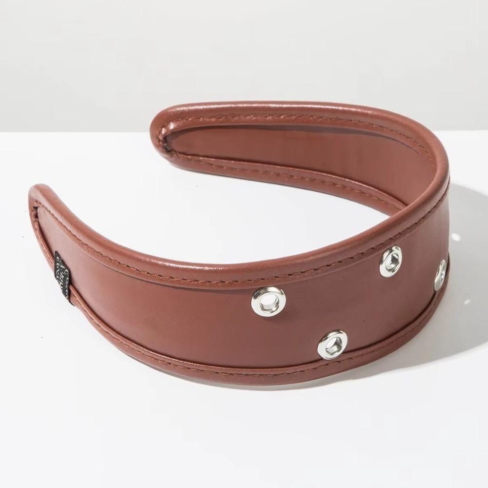 Punk Metal Rivets Headwear Black and Red Hollow Ring Hair Hoop Ins Leather Headband  Urban
