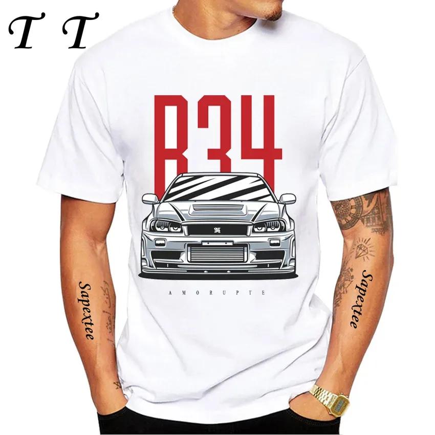 New Summer Men Short Sleeve JDM Legend NISSIA Skyline R34 R33 GTR Evolution Car Print TShirt Boy Casual Tops Fashion White Tees S