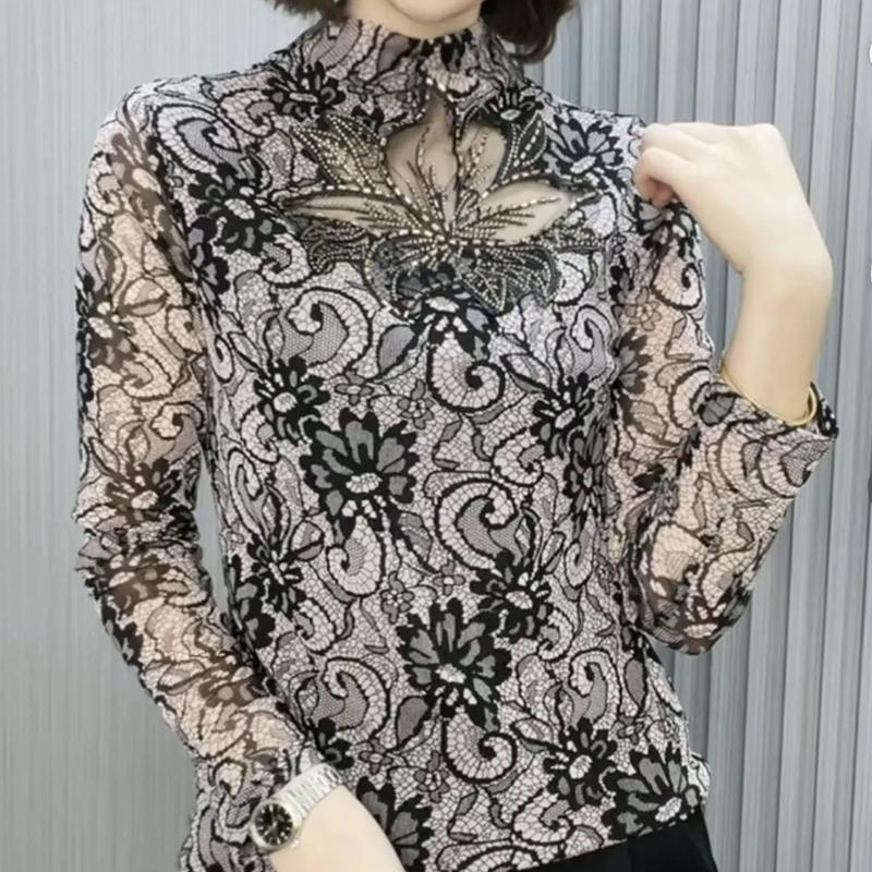 Nuova Maglietta Primaverile a Collo Semi Alto con Maniche Lunghe e Dettagli Cut-Out per Donna Versatile Elegante Top con Strass