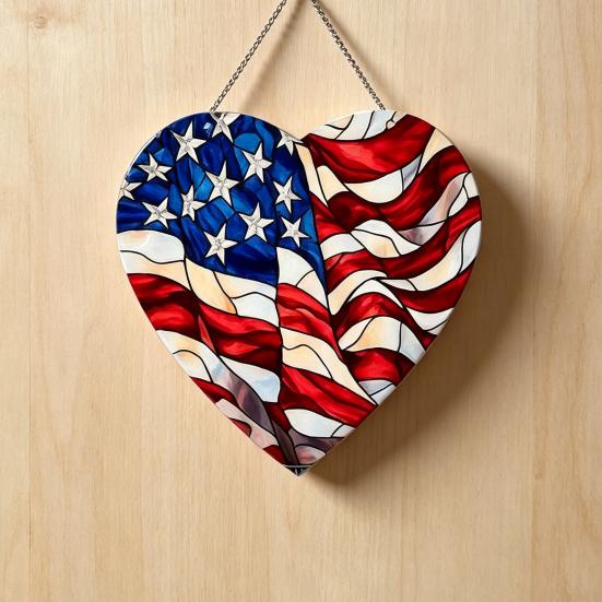 4th of July Suncatcher for Window Hanging Acrylic Stained Glass Heart/Eagle Ornament Patriotic Red White Blue Sun Catcher Panel for Memorial Day Decor