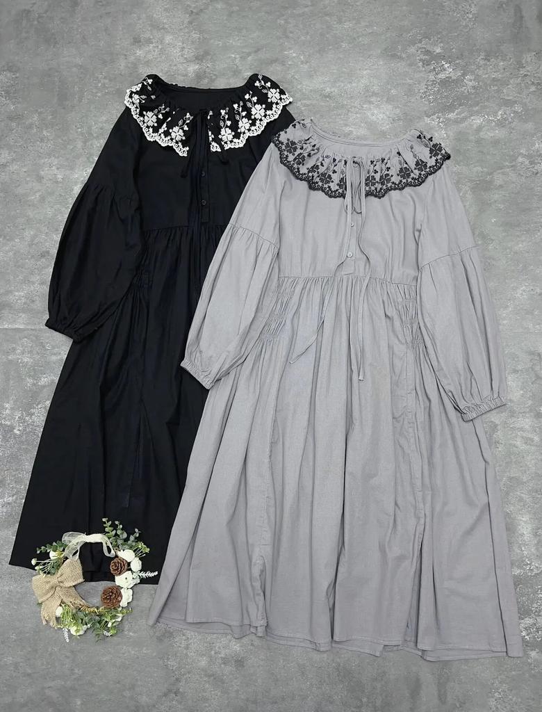 Johnature Vestidos Femininos Vintage Primavera Gola Babados Bordado Solto Cintura Elástica Cor Sólida Casual Vestidos Femininos