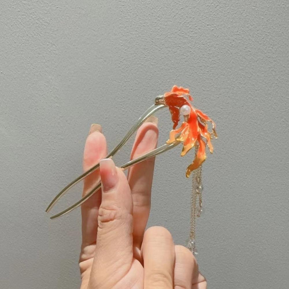 Chinese Style Metal Red Fish U-Shape Hair Sticks for Women Vintage Tassel Beads Hair Forks Hanfu Wedding Party Hair Accessories