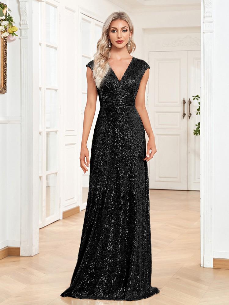 V-Neck Sequin Floor-Length Evening Gown with Slit – Elegant Sleeveless Party Dress