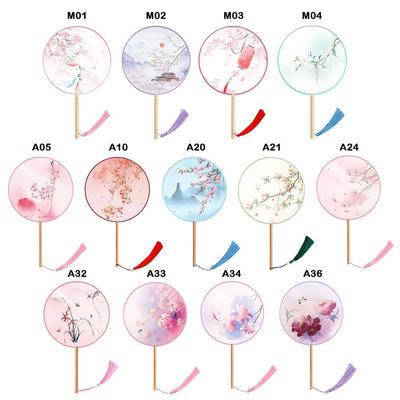 Half Transparent Ancient Style Fan Long Handle Vintage Printing Round Hand Fan Small Round Ink Painting Silk Fan