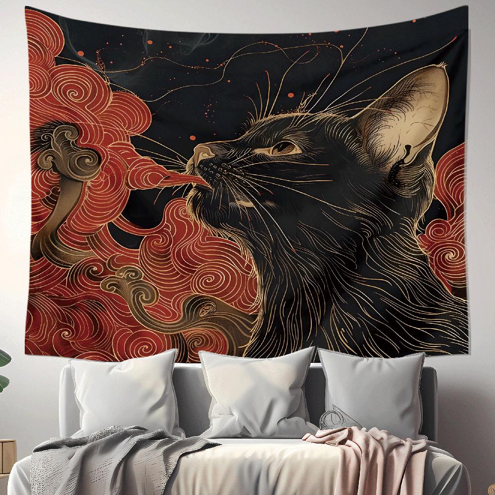 

Oriental Black Cat Wall Hanging Traditional Japanese Pattern Gold Line Art Red Clouds Spiritual Decor Asian Theme Room Design 74x94cm(29x37in)