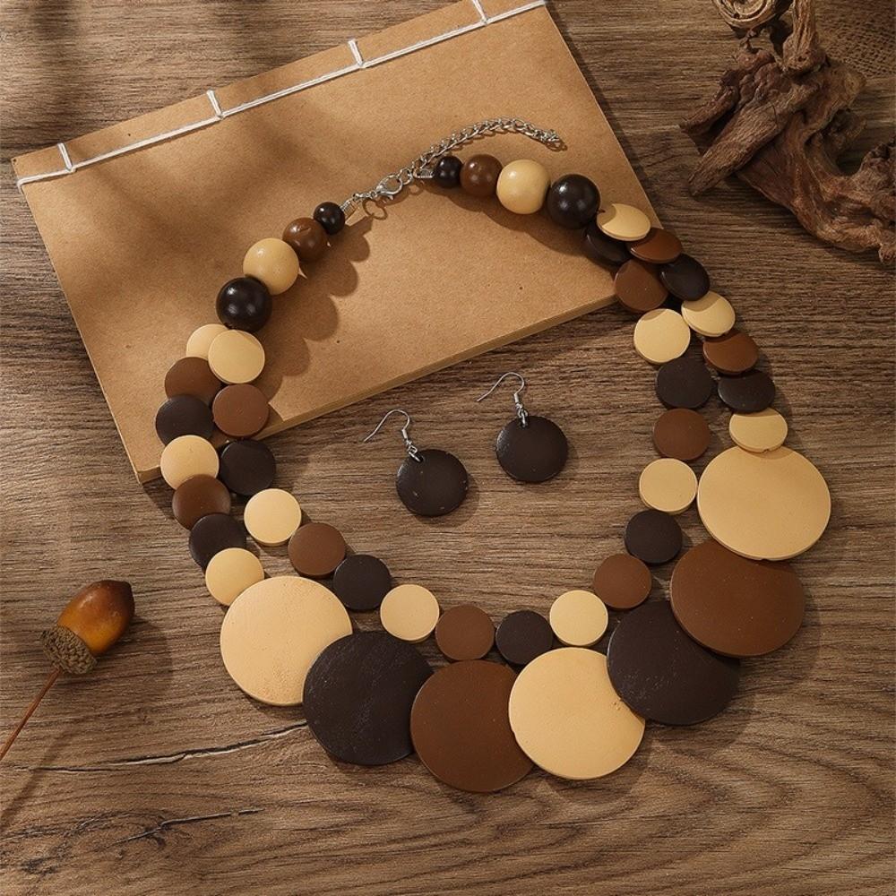Double-layer Wooden Beaded Necklace Chunky Round Necklace Exaggerated Jewelry Set Beach