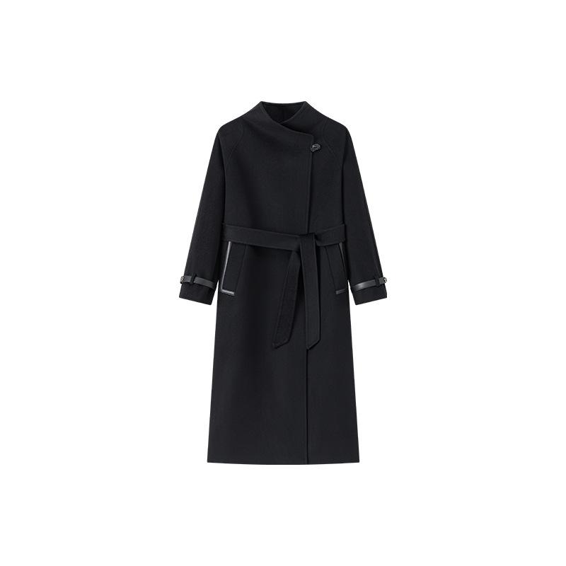 

Premium stand-up collar leather double-sided cashmere coat women s autumn and winter long lace-up knee wool coat S чёрный