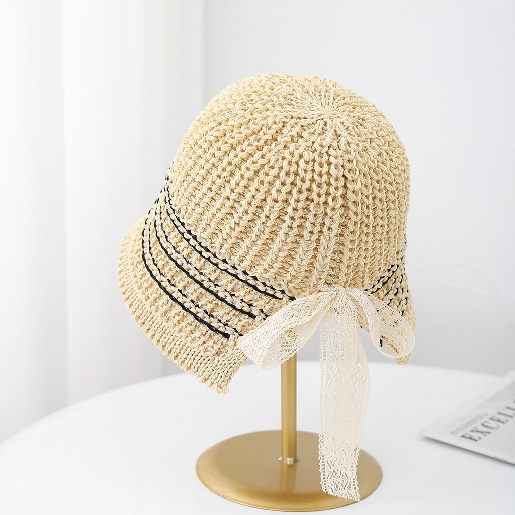 Mode Spitze Streamer gestrickter Fischerhut Mädchen Sommer atmungsaktiv nach Gabelung pastoraler Schatten Fischerhut