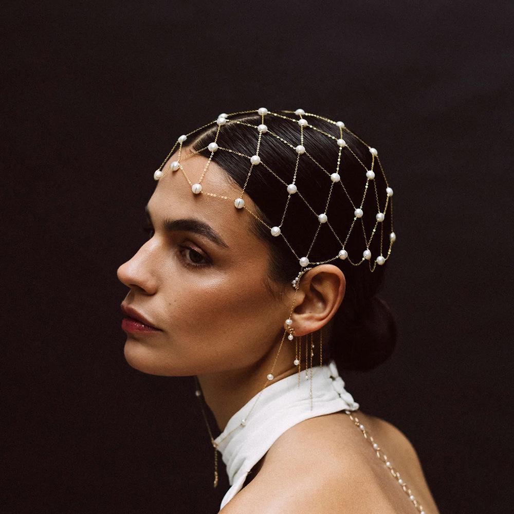 Vintage Pearl Hair Net Head Chain for Women Elegant Gold Color Mesh Headpiece Unique Gatsby Party Hair Jewelry Gift