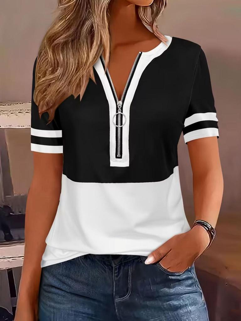 European-American Cross-border Fashion Color Block Zipper Short Sleeve Top