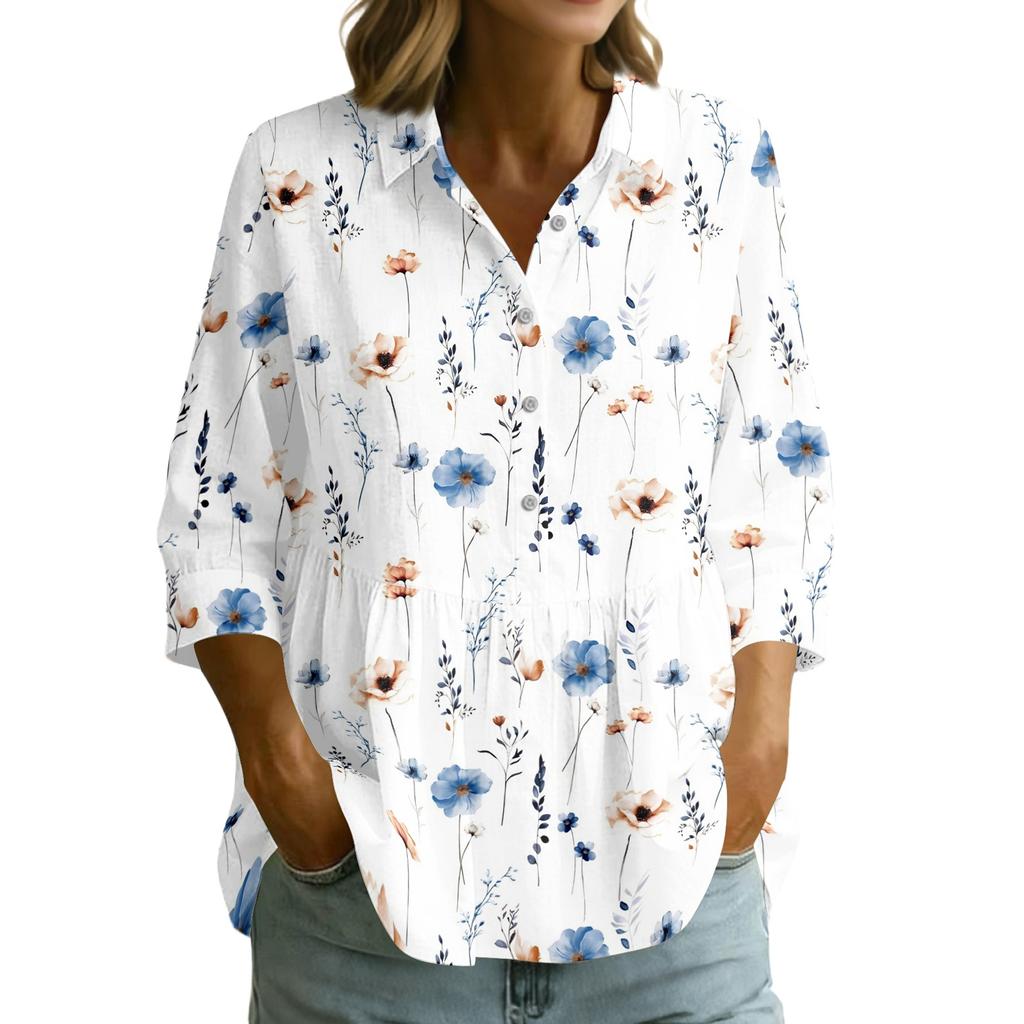 Camicetta da Donna a Bottoni con Collo, Vestibilità Larga, Stampa Floreale Vintage, Manica a Tre Quarti, Top Casual per Uso Quotidiano