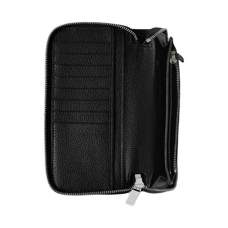 Gucci Script letter logo zipper closure leather card holder wallet men's black