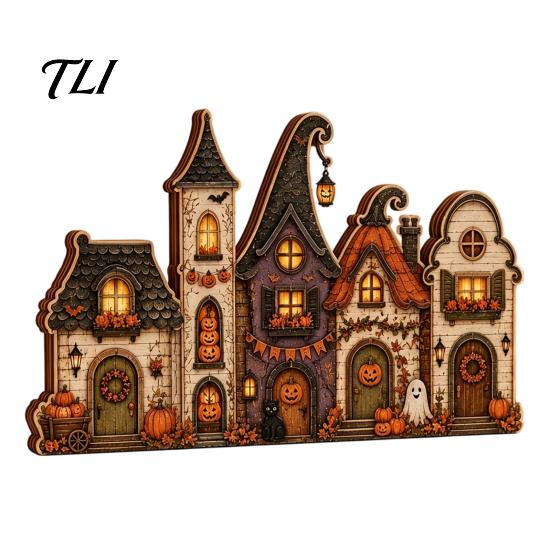 Autumn Theme Interior Ornaments Halloween Retro Haunted Village Wooden Tabletop Decor, Fall Farmhouse Witch Mantle Decorations House Ornament,